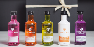 Five bottles of Whitley Neill flavoured miniature gins in front of a gift box