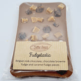 A slab of Belgian chocolate with fudge pieces