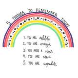 An A6 postcard with 5 things to remember about yourself, decorated with a rainbow