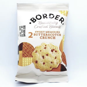 The front of a packet of Border butterscotch crunch buscuits