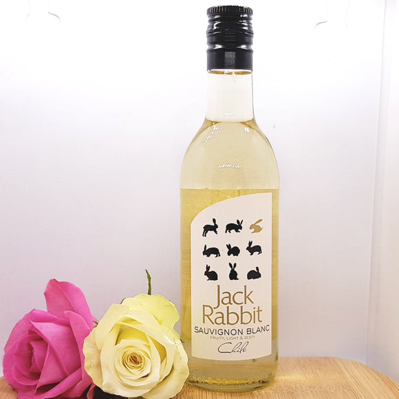 A bottle of Jack Rabbit Sauvignon Blanc decorated with two flowers