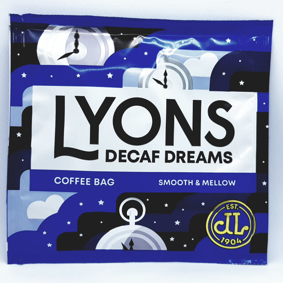 The front of a pack containing a Lyons decaf coffee bag