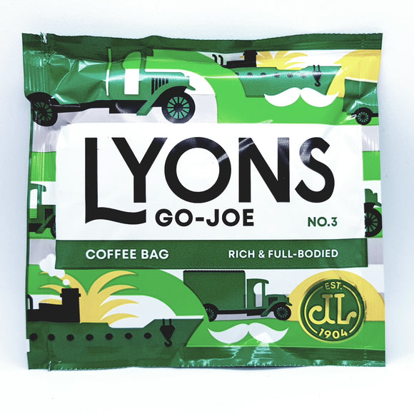 The front of a pack containing a Lyons Go-Joe coffee bag