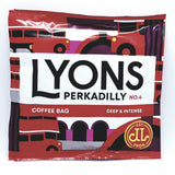 The front of a pack containing a Lyons Perkadilly coffee bag