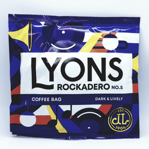 The front of a pack containing a Lyons Rockadero coffee bag